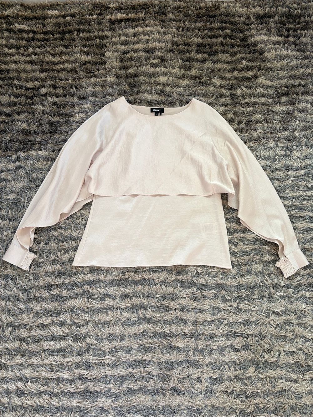 DKNY Champagne Shade Cape Overlay Long Sleeve Blouse Smocked Cuff S NWOT